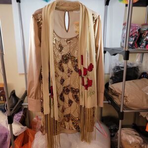 Blu Pepper LS Tan Sequin Dress w/ Embroidered Scarf - Size Large